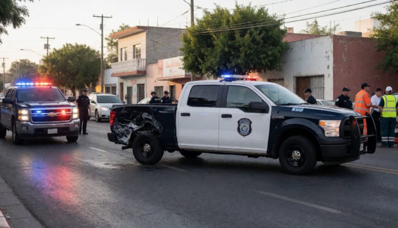 Patrulla dañada en la parte trasera tras impacto de una camioneta en una avenida de Camargo