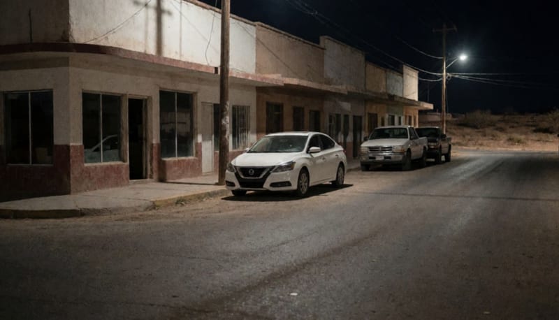 Calle vacía de una ciudad norteña al anochecer con comercios cerrados y vehículos estacionados