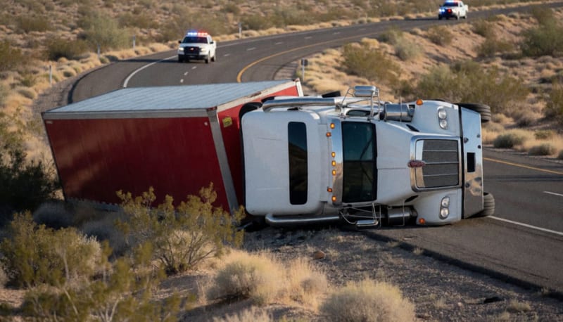 Tractocamión volcado sobre la banquina de una carretera desértica con luces de emergencia en el horizonte