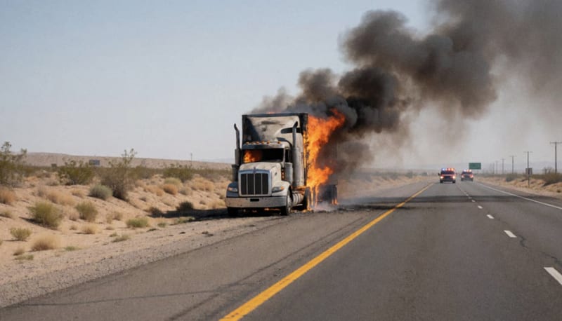Tracto camión envuelto en llamas sobre la autopista del desierto chihuahuense durante el día