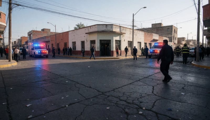 Cruce de calles urbanas con luces de emergencia reflejándose sobre el asfalto y personal de rescate en el perímetro acordonado