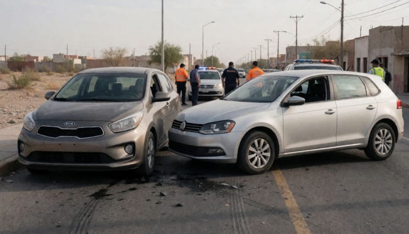 Dos automóviles dañados en una avenida urbana tras colisión, con elementos de vialidad asegurando el área