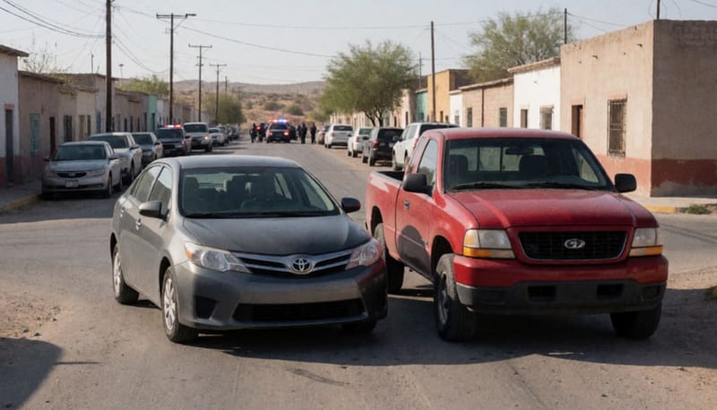 Dos vehículos accidentados en una intersección de calles en Camargo, con daños visibles en ambos automóviles