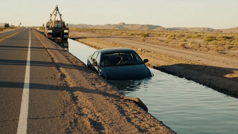 Automóvil sumergido parcialmente en canal de riego junto a carretera del desierto chihuahuense