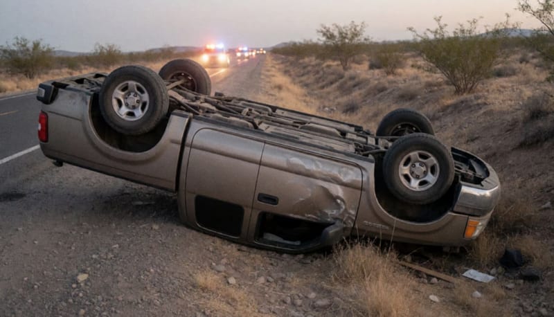 Camioneta volcada sobre su techo en el costado de una carretera rural desértica al amanecer