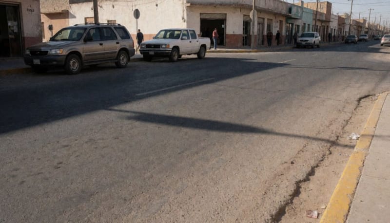 Intersección de calles en zona urbana con vehículos estacionados mostrando daños laterales bajo la luz de la tarde