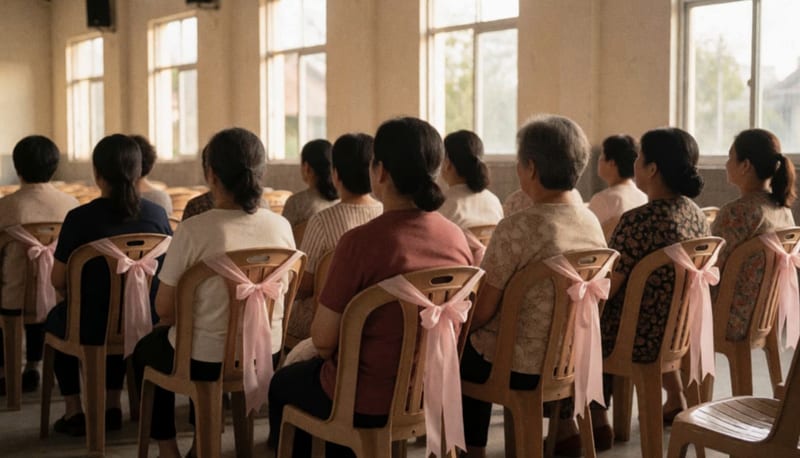 Grupo de mujeres sentadas en filas de sillas dentro de un salón amplio, vistas desde atrás, con listones rosas en los respaldos