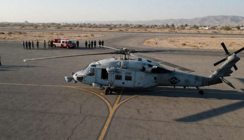 Helicóptero de seguridad estacionado en tarmac con impactos de bala visibles en su estructura