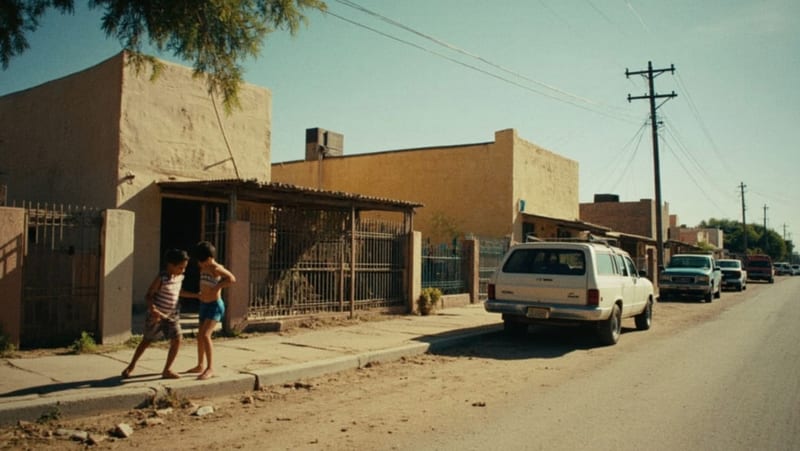 Casas residenciales en una colonia de Delicias con calles de terracería bajo el sol del norte
