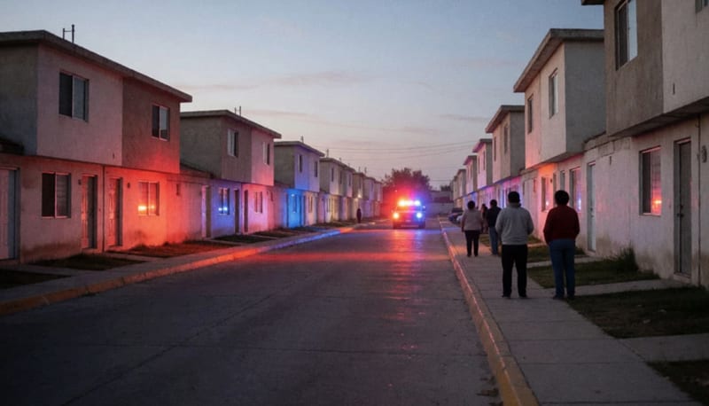 Calle residencial al anochecer con luces rojas y azules reflejadas en el pavimento y vecinos observando a lo lejos