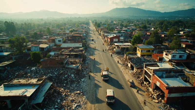Calles con edificios dañados y escombros tras el terremoto en Colombia