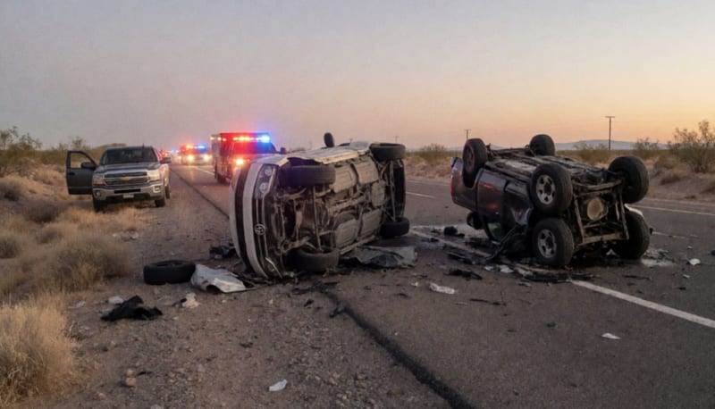 Vehículos volcados sobre la carretera del desierto con luces de emergencia al fondo