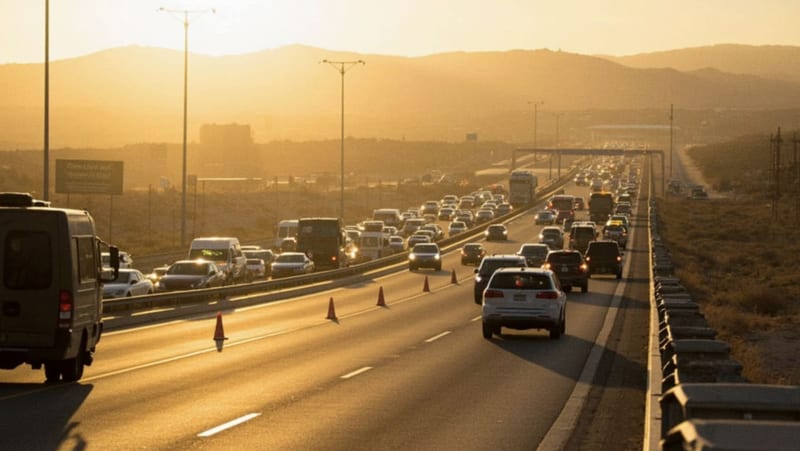 Fila de vehículos esperando en un carril de cruce fronterizo bajo el sol de la tarde