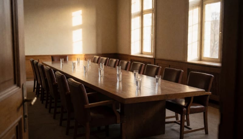 Mesa larga de madera con sillas de piel vacías en un amplio salón iluminado por luz natural