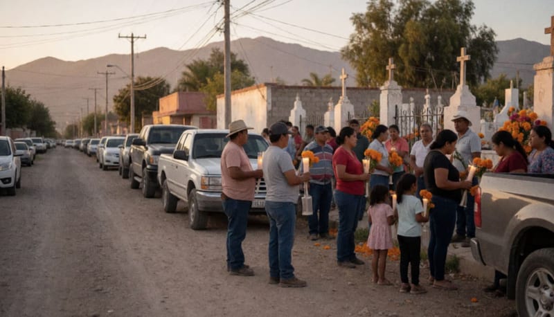 Familias y trabajadores en la entrada de un panteón durante la tarde, con flores y velas preparadas para la festividad