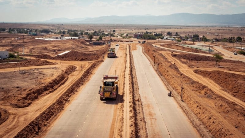Maquinaria pesada y trabajadores en el inicio de construcción de una vialidad en terreno árido