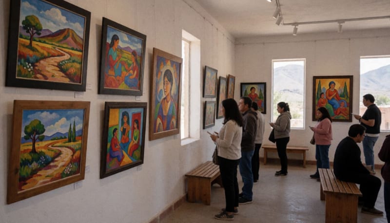 Visitantes observan cuadros de paisajes y composiciones figurativas en las paredes blancas de una galería de arte
