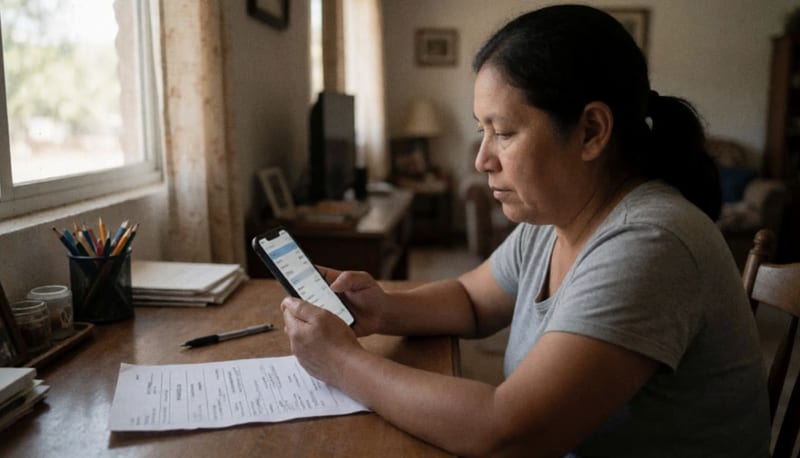 Mujer en su hogar consultando información de fondos en el teléfono móvil junto a documentos financieros