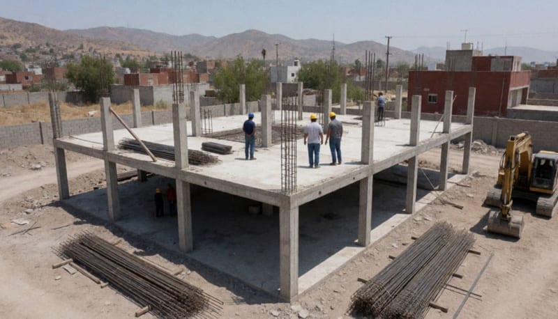 Vista aérea de una estructura de concreto en construcción con trabajadores, varillas apiladas y una excavadora en un terreno polvoso