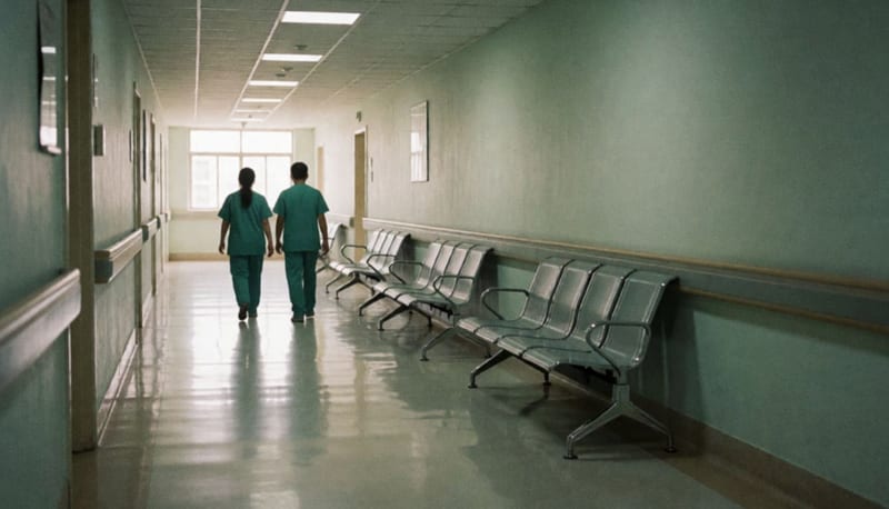 Pasillo largo de un hospital con sillas de espera vacías y dos personas de espaldas al fondo