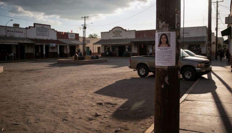 Cartel de persona desaparecida pegado en un poste de servicio en una plaza de pueblo desértico norteño