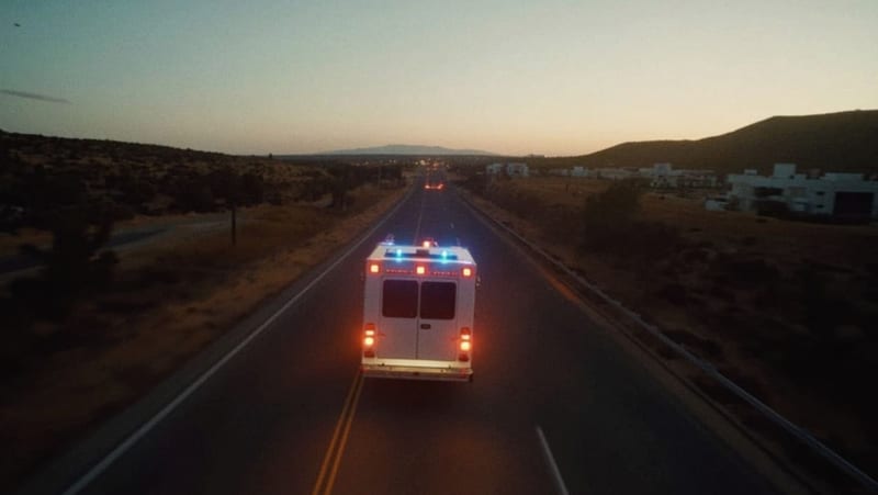 Ambulancia en código rojo trasladándose por una carretera del desierto chihuahuense al atardecer
