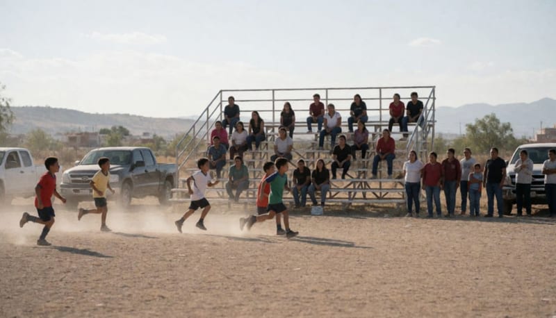 Equipos infantiles jugando en una cancha de Camargo mientras familias observan desde las gradas