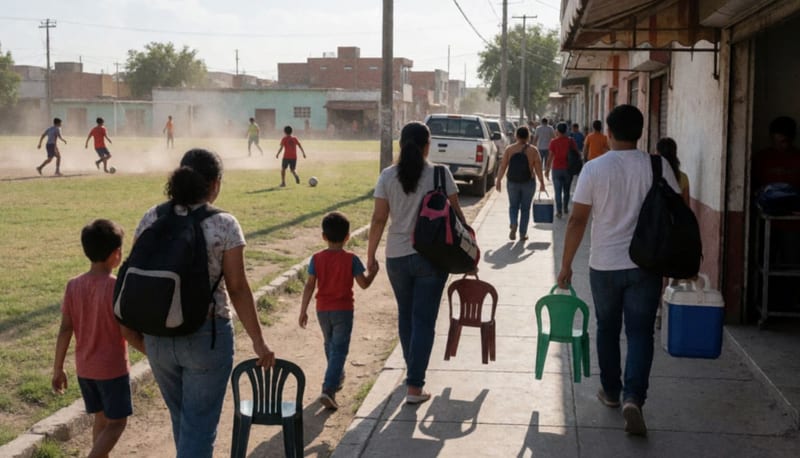 Familias con niños y bolsas deportivas caminan por una banqueta soleada rumbo a una cancha de fútbol de tierra y pasto