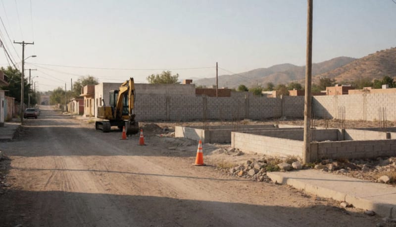 Terreno de construcción detenido con excavadora amarilla y bloques apilados junto a un camino de tierra, con cerros secos al fondo