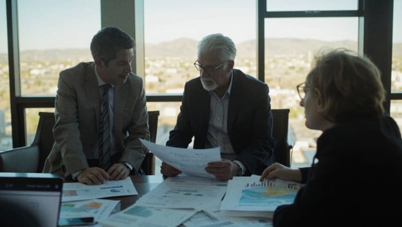 Profesionales empresariales discuten reportes económicos en una oficina moderna con vistas al paisaje árido de la región