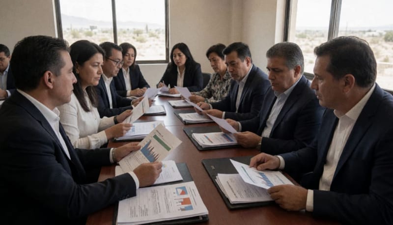 Ejecutivos en una sala de juntas analizando reportes de empleo y estadísticas del mercado laboral