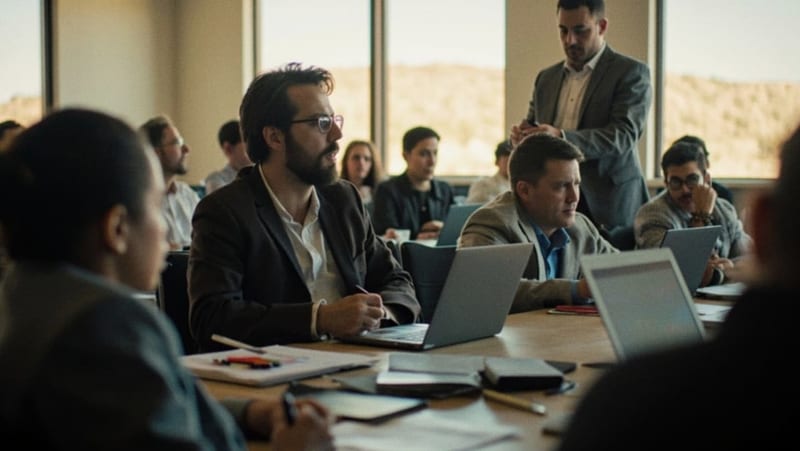 Directivos participando en una sesión de capacitación empresarial con análisis de herramientas de liderazgo