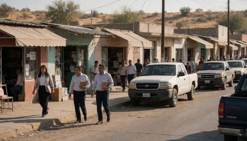 Calle comercial de una ciudad del norte con pequeños negocios y empresarios transitando por la zona