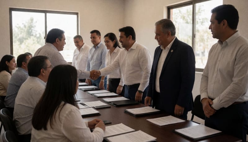 Empresarios y representantes durante la firma de un convenio de colaboración fiscal en una sala de conferencias