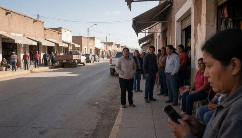 Ciudadanos en una calle del norte de México observando un teléfono móvil con expresión de preocupación