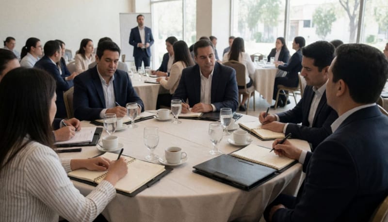 Empresarios y patrones en mesas durante una capacitación sobre legislación laboral en un salón interior