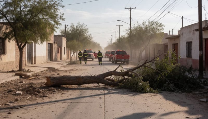Personal de emergencias retirando un árbol caído en una calle de Delicias tras los fuertes vientos