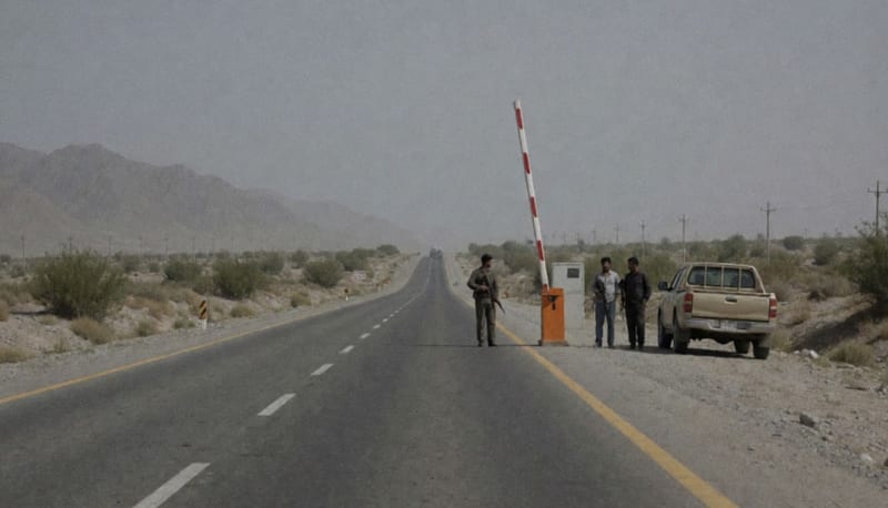 Carretera solitaria del norte con retén clandestino y hombres armados junto a una camioneta