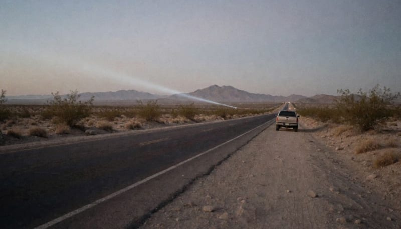 Carretera desértica en la región norte con luces de búsqueda iluminando el terreno árido al atardecer