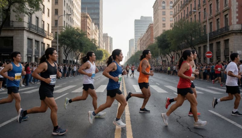 Corredores corriendo por una avenida urbana durante un maratón, con espectadores a los costados y edificios al fondo