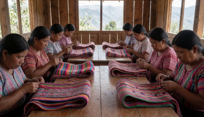 Artesanas tarahumara tejiendo morrales tradicionales en un taller de la Sierra Tarahumara