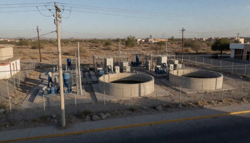 Instalaciones de bombeo de agua con líneas de transmisión eléctrica sobre el terreno árido de la región