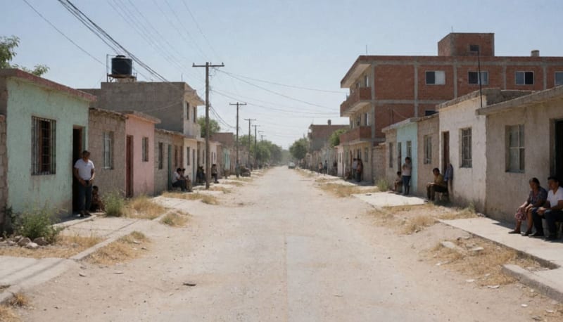 Colonia residencial bajo intenso calor del mediodía en ciudad del norte de México