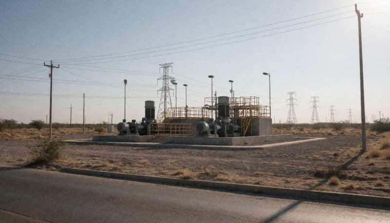 Infraestructura de bombeo y extracción de agua en un paisaje árido del norte de México
