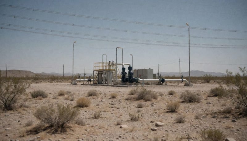 Instalación de bombeo de agua en el desierto de Chihuahua con líneas de transmisión eléctrica al fondo bajo el sol intenso