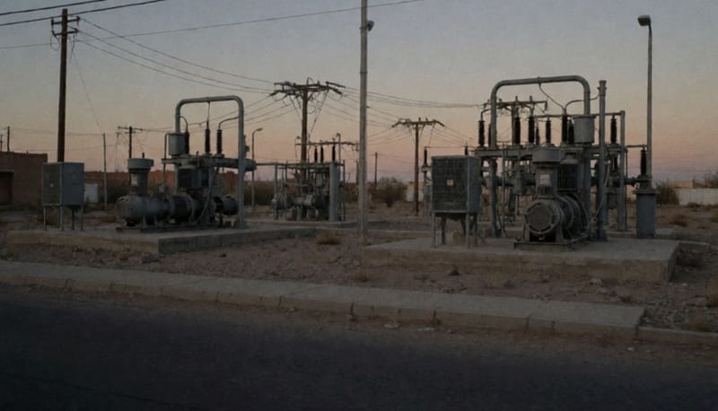 Instalaciones de bombeo de agua en el desierto chihuahuense con líneas eléctricas al atardecer
