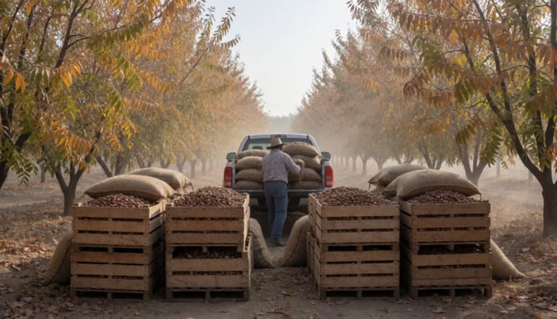 Cajas de madera y costales con nuez recién cosechada bajo nogales, con un campesino cargando una camioneta en la mañana