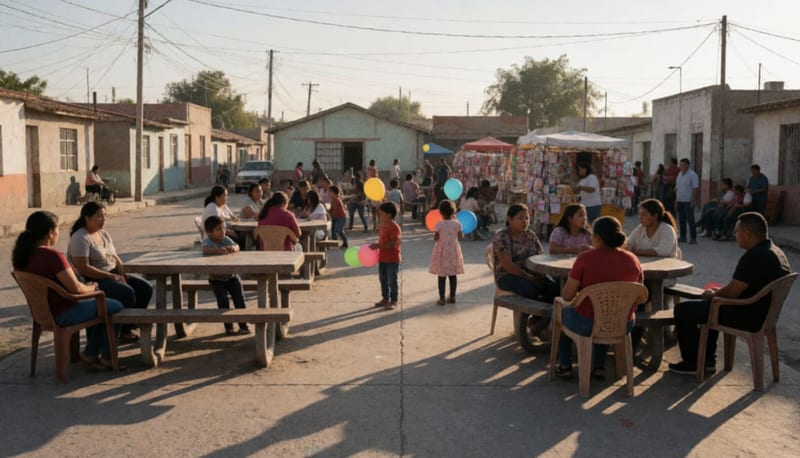 Familias reunidas en una plaza de convivencia del fraccionamiento San Carlos durante la verbena comunitaria