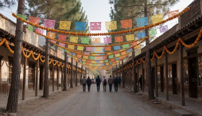 Calle principal de Creel decorada con cempasúchil y papel picado entre pinos y casas de madera