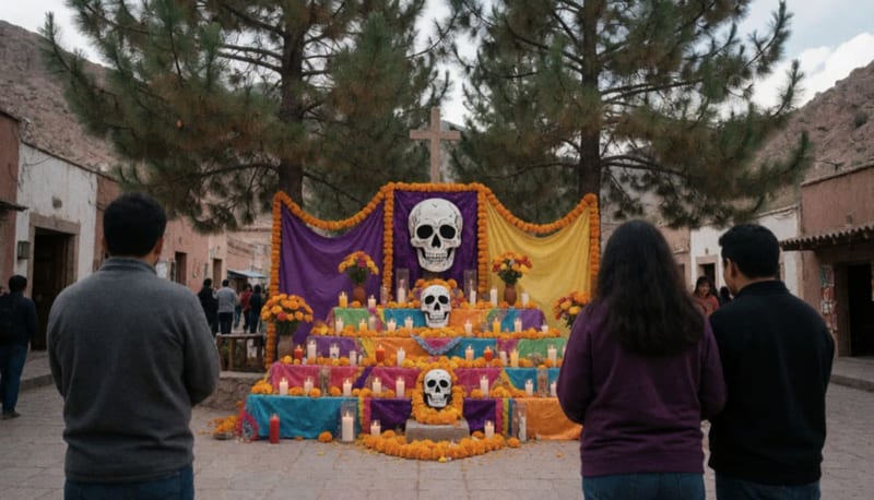 Altar de Día de Muertos con flores de cempasúchil en una plaza de un pueblo de la sierra
